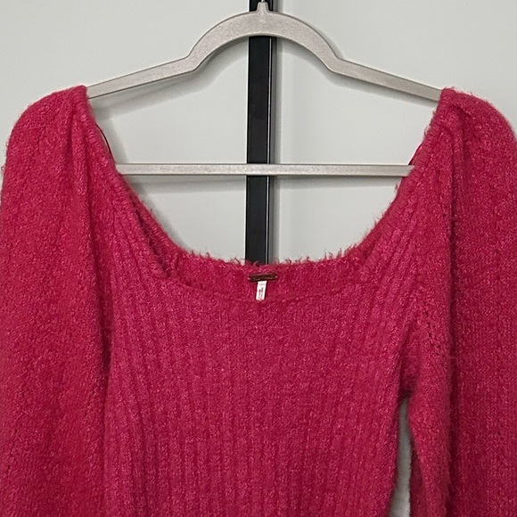 Free People Pink Ribbed Knit Balloon Sleeve Sweater-size Medium-Katie style EUC - Picture 8 of 11